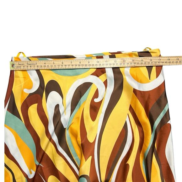 NWT Bar III Skirt Sz 12 Retro Satin Swirl Midi Skirt Yellow Brown Teal Abstract - Picture 6 of 9